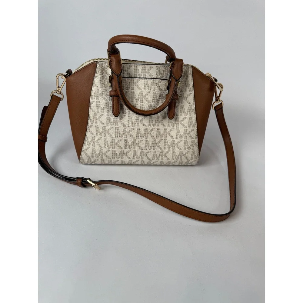 Michael Kors‎ Ciara Small Satchel MK Monogram Canvas Brown Leather Crossbody Bag